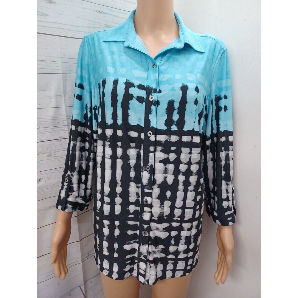 Nygard Tunic Blue button Down Shirt Top Long Roll Tab PM/M